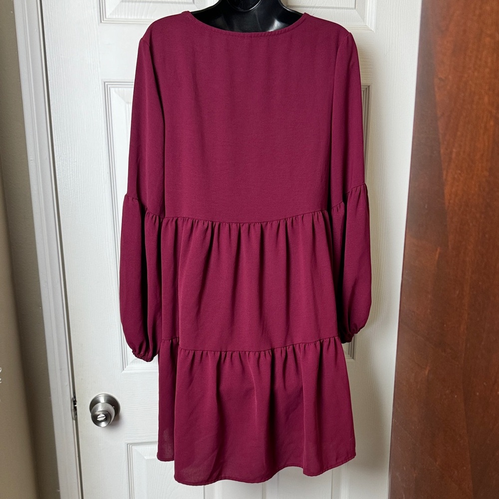 V-Neck Long Sleeve Tiered Dress in Deep Berry - Picture 2 of 2